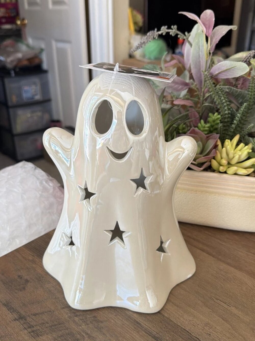 LED Ceramic Iridescent Ghost With Face and Stars Cut-Outs